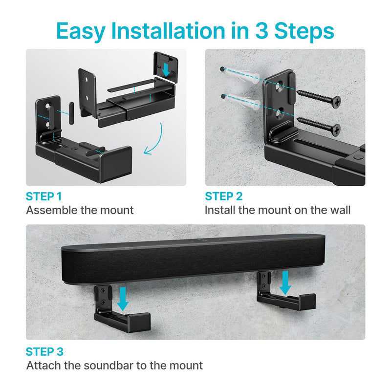 Soundbar Wall Mount,33lbs Capacity,Adjustable Depth Height from 3.5" to 6.1",Soundbar Mounts Under TV for Wall, Black