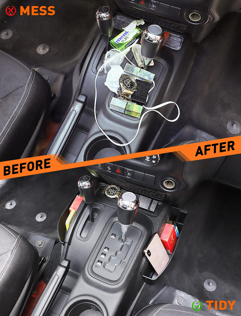 Savadicar GT-3 JK Shifter Storage Box, Gear Shift Console Side Tray Organizer for 2011-2018 Jeep Wrangler JK JKU, Interior Accessories, Reserved USB Charger Extender Slot, Black