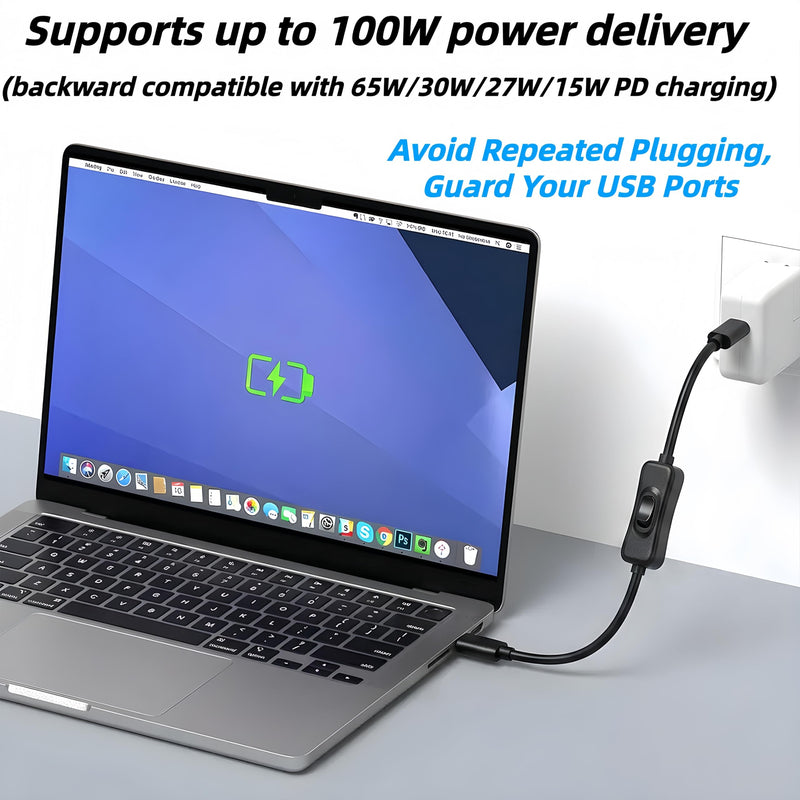 USB C on Off Switch (10gbps/100w/4k@60hz/1ft),USB C Cable with Switch Support Charging/Data/Audio/Video Transmission Compatibility with Most USBC Devices (Smartphones, Laptops,Monitors) 1Ft