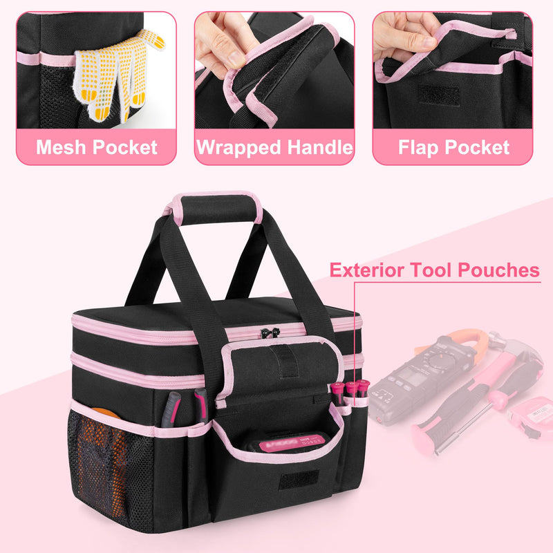 Tool Tote Bag for Women, Double Layer Tool Storage Organizer Bag with Divider for Electrician, Carpenters, Repairman, Black