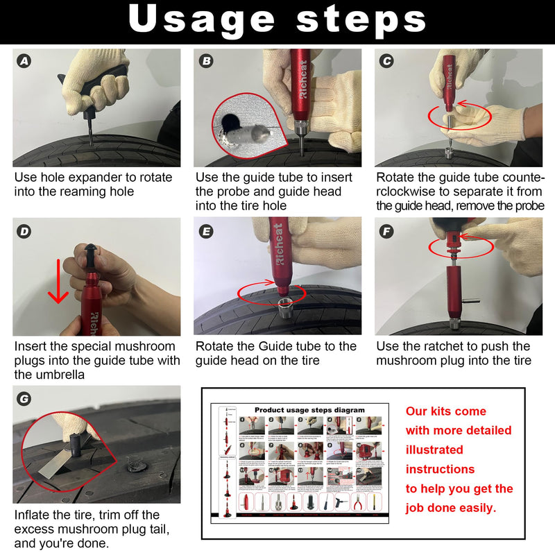  [AUSTRALIA] - Richcat Tubeless Tire Puncture Repair Kit with Mushroom Plug, Repairs punctures and Flat Tires for Motorcycles, Cars, Trucks, ATVs and Tractors 12pcs Mini Plug Kit