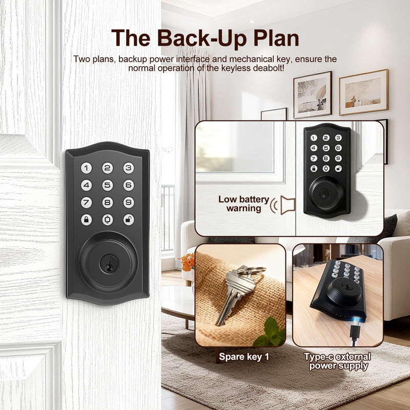 Keyless Entry Door Lock with Keypad, Auto Lock, Voice Prompt, Smart Deadbolt Lock for Front Door with Key, Matte Black – Easy Installation, IP55 Waterproof