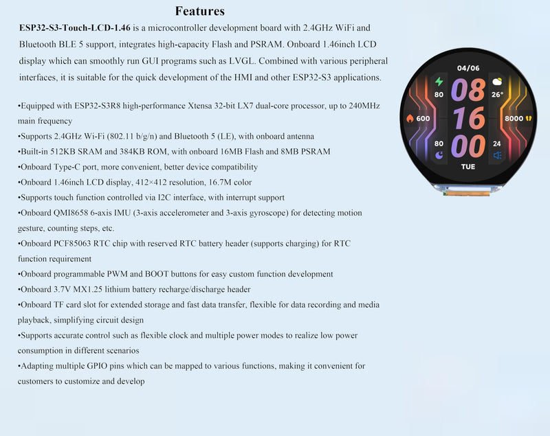 ESP32-S3 1.46inch Round Touch Display Development Board, 412x412 IPS LCD, Onboard Speaker and Microphone/Audio Input and Output, Supports Offline Speech Recognition and AI Speech Interaction