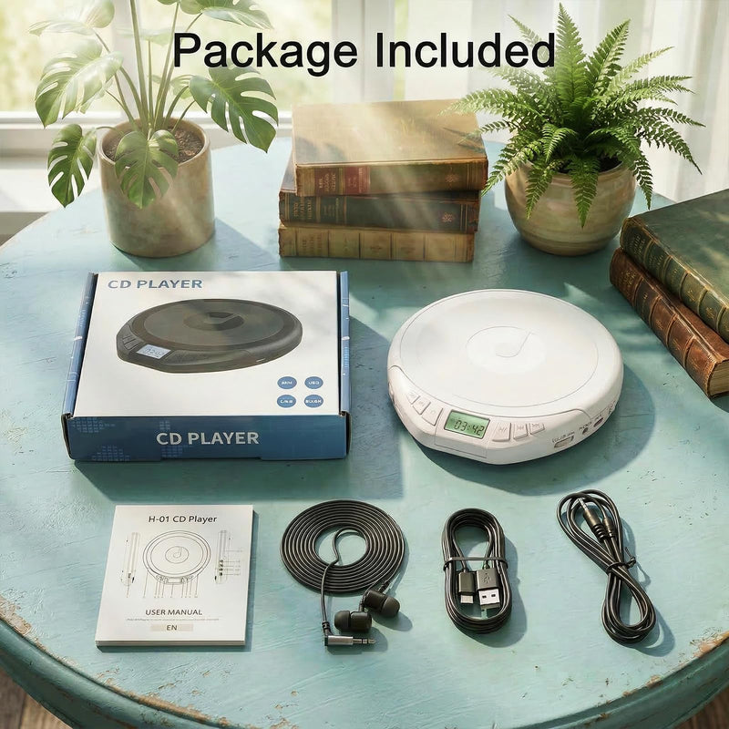 H-01 Portable CD Player with Earphones,Personal CD Discman Player for Home Car with Anti-Skip Shockproof Protection, Small CD Player with LCD Display for Music Lovers