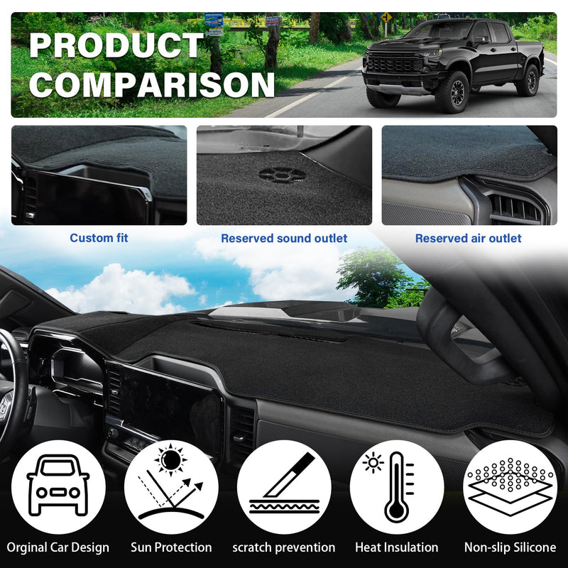 2025 Silverado Dash Cover Mat Fit for 2022-2026 Chevy Chevrolet Silverado/GMC Sierra 1500 Dashboard Cover for 2024+ Silverado & Sierra 2500HD 3500HD Sunshield Protector Mat (Only fits 13.4-in Screen) Black