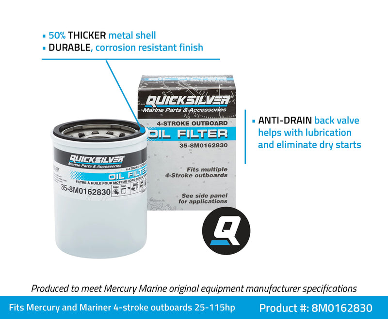Quicksilver 8M0162830 Oil Filter for Select Mercury and Mariner 4-Stroke Outboards 25-115hp 40-60HP & 75-115HP 2.1L