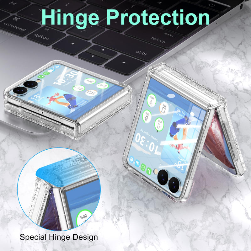For Samsung Galaxy Z Flip 8 Case Clear Sparkle with Hinge Protection | Built-in Glass Screen Protector for Flip 8 Protective Phone Case Cover Clear Glitter