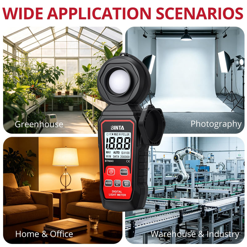 BINTA Handheld Digital Light Meter, Lux FC Illuminance Meter 0~200,000 Lux | 4 Digit Backlit LCD, Rotatable Sensor Max/Min Data Hold Auto Record Tester for Plants Photography Car LED Lights