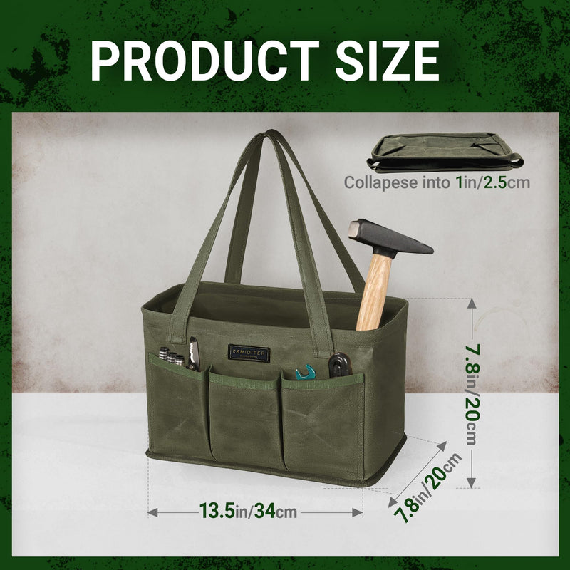 Tool Bag with Metal Frame, Waxed Canvas Wide Open Top Tool Tote Bag with 7 External Pockets, 13.5 x 7.8 x 7.8 Inches (ArmyGreen) ArmyGreen 13.5 Inch