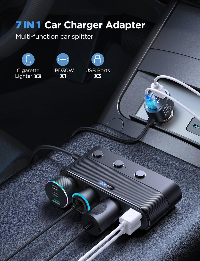 7 in 1 Cigarette Lighter Adapter, JOYROOM Car Charger Adapter with PD30W Charge(3.3FT Cable), 24V/ 12V Cigarette Lighter Splitter with Independent Switches & LED Voltage Display for All Car Devices