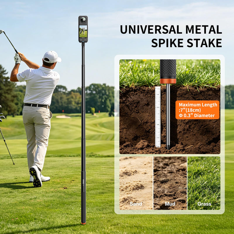 VRIG 160cm/63in Golf Monopod Invisible Selfie Stick w Ground Spike Stakes | Extended Pole for Insta360 X5/X4/X3,Luna Ultra,GoPro Hero 13,Mission 1 Pro,DJI OSMO Pocket 3/4,Action 6/5/4,AKASO 360