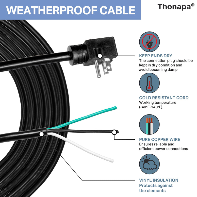 Thonapa 12 Gauge Replacement Power Cord with Open End 10 ft, 90 Degree Slim Flat Plug, 10 Foot Applaince Extension Cord 12/3 SJTW for Universal AC Appliance, Dishwasher, 15 AMP 1.0 Inches
