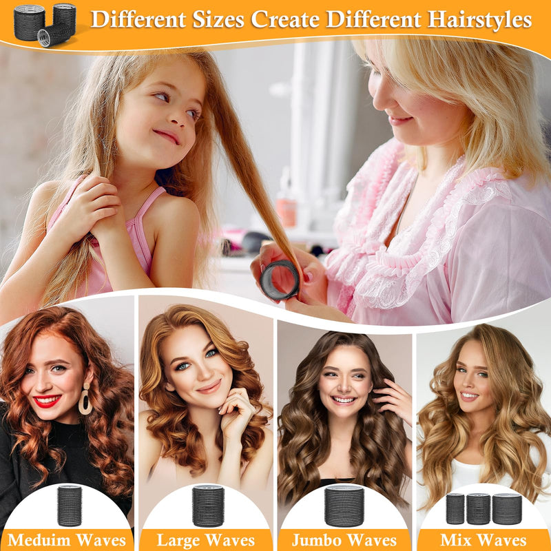 Thrilez 39PCS Hair Curlers Rollers with Clips Black Hair Roller with 3 Sizes 64mm 44mm 33mm, Jumbo Roller with 12PCS Duckbill Clips Hair Rollers for Long Medium Short Thick Fine Volume Bangs