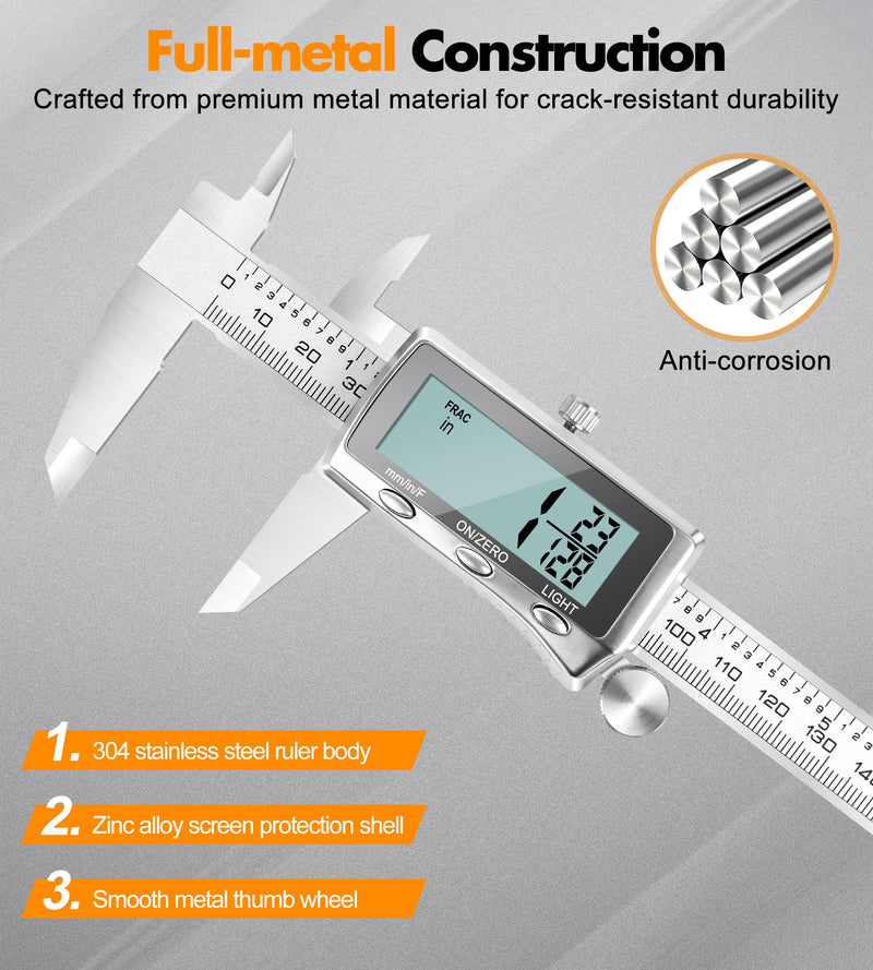 LuxBlue Digital Calipers Measuring Tool 6 Inch | Rechargeable Digital Vernier Caliper with Backlit LCD Screen, Auto-Off | Inch/MM/Fraction Easy Conversion, Stainless Steel Electronic Caliper for DIY