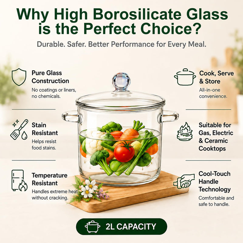 67 oz Glass Simmer Pot with Lid - Stovetop Safe Cookware for Cooking | 1900ml, Heat-Resistant Borosilicate Glass, Stovetop Safe for Cooking, For Potpourri, Soup, Pasta, Baby Food, Dual Handles