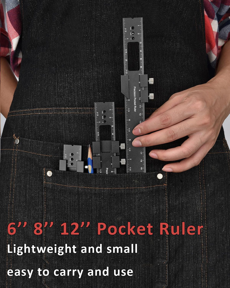 Woodworking Ruler Precision Pocket Rule - BOXmime 12,8,6 Inch Metal Slide Stop Marking Ruler Metric Inch Measuring Wood Working Scribing Rulers - Engineers Woodwork Adjustable Sliding Ruler Black