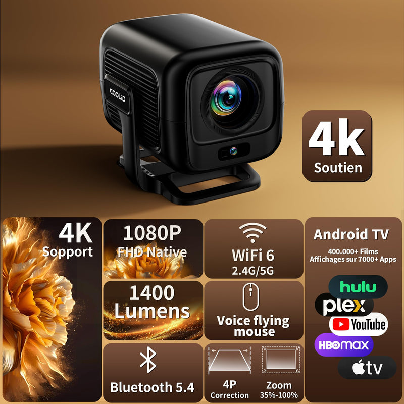 [Built-in App] Mini Projector 1080P FHD 4K Support Projector with Mouse Portable Projector with WiFi and Bluetooth 180° Adjustable Auto Keystone Portable Projector 4K Black