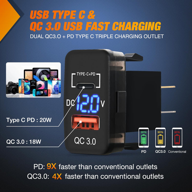 Nilight Rocker Switch Style USB Charger LED Voltmeter Quick Charge 12V PD Type C and QC 3.0 Car Charger 1.54" x 0.83" Replacement with Inline Fuse for Tacoma Tundra 4Runner FJ Cruiser Hilux Fortuner Type C + USB 1.54" x 0.83"
