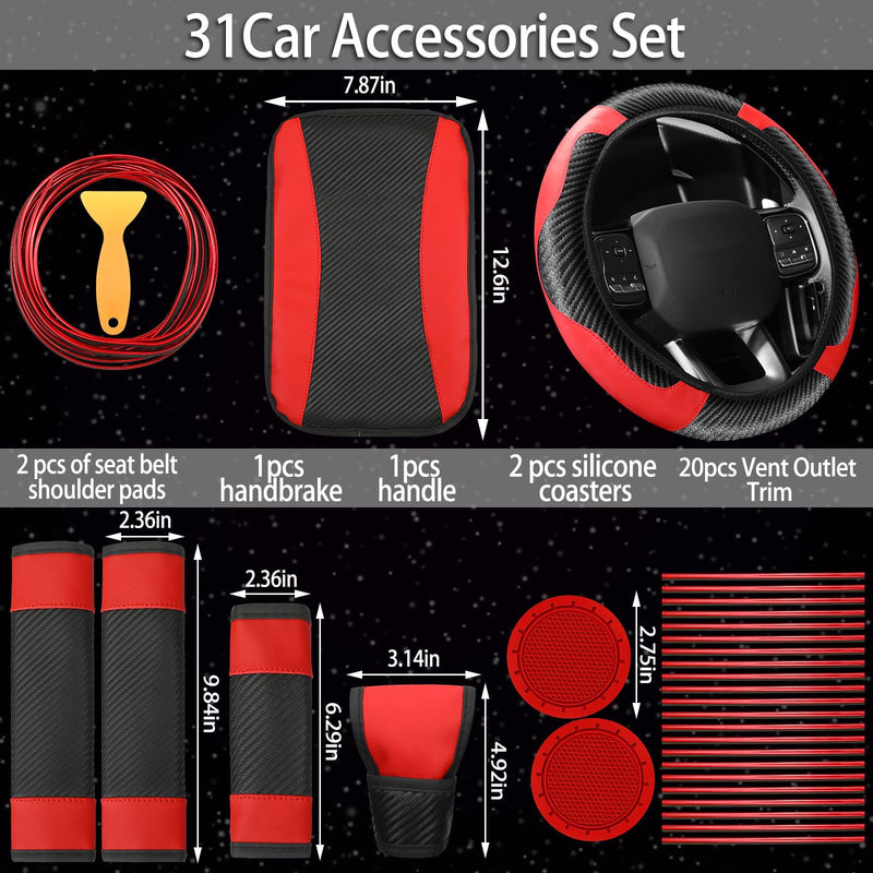 Riakrum 30 Pcs Car Accessories Set Red and Black PU Leather Steering Wheel Cover Anti Slip Steering Wheel Protector Car Vent Trim Strips Air Conditioner Insert Strips with Installation Tool Red, Black