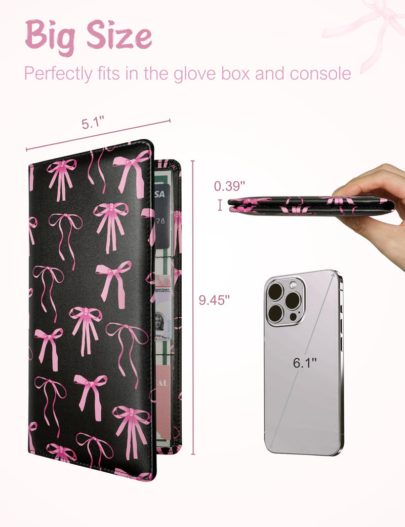 Mymazn Car Registration and Insurance Holder, PU Leather Glove Box Car Organizer with Magnetic Closure, Car Document Holder for Driver's License & Essential Documents (Pink Bow) Pink Bow