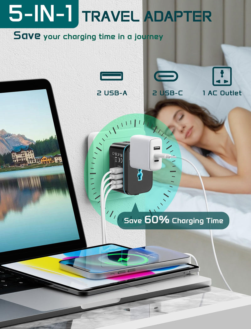 Universal Travel Adapter Worldwide, TECSIX European Travel Plug Adapter with 2 USB C, 2 USB A and Multi AC Outlets, International Power Converter for EU US UK AUS 200+ Countries Type A C G I black blue