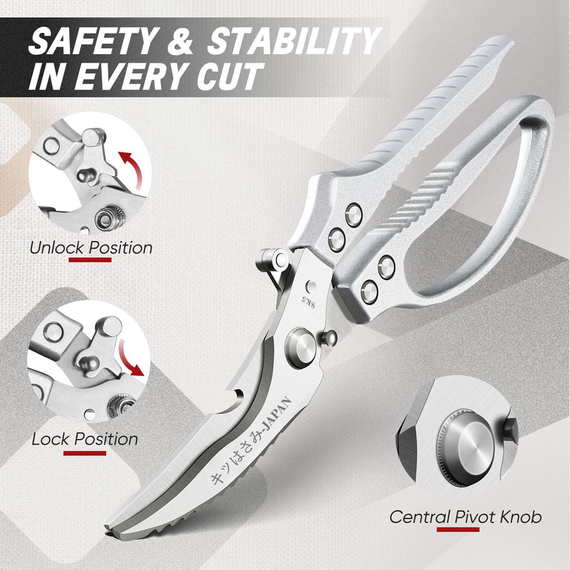 TIVOLI Kitchen Scissors Set Silver,Japanese Stainless Steel Kitchen Shears for Food, Heavy Duty Poultry Shears, Food Scissors for Meat,Chicken Bones and Turkey,Ideal Gift Silver Poultry & Kitchen Shears Set