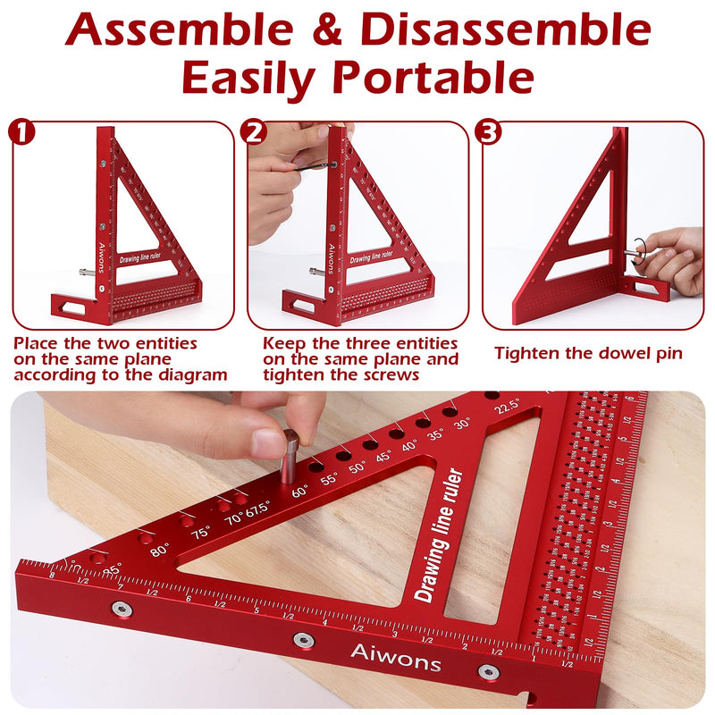 8.5 inch 3D Multi-Angle Measuring Ruler -Large Precision Woodworking 3D Square Protractor 15-90 Degree and Miter Triangle - Aluminum Alloy Drawing Line Ruler for Engineer Carpenter Red