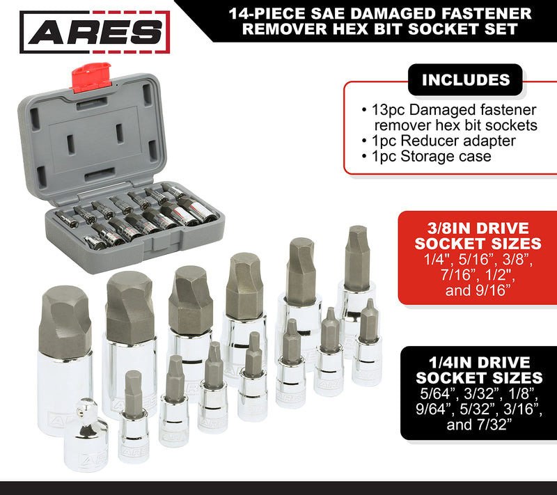 ARES 31006 – 14-Piece SAE Damaged Fastener Remover Hex Bit Socket Set – Premium Steel Bit Sockets Remove Heavily Rounded and Stripped Fasteners – Storage Case for Protection and Portability 14-Piece Hex Bit Socket Set