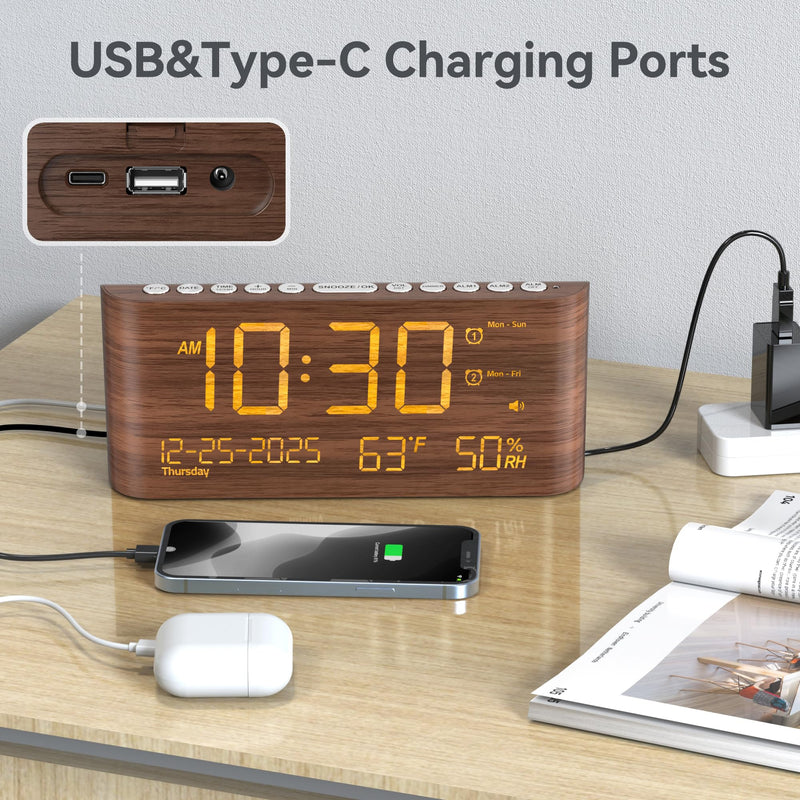 Mesqool Digital Alarm Clock with Dual Alarms, Temperature & Humidity Display, USB & Type-C Charging, 5-Level Brightness for Bedroom & Office