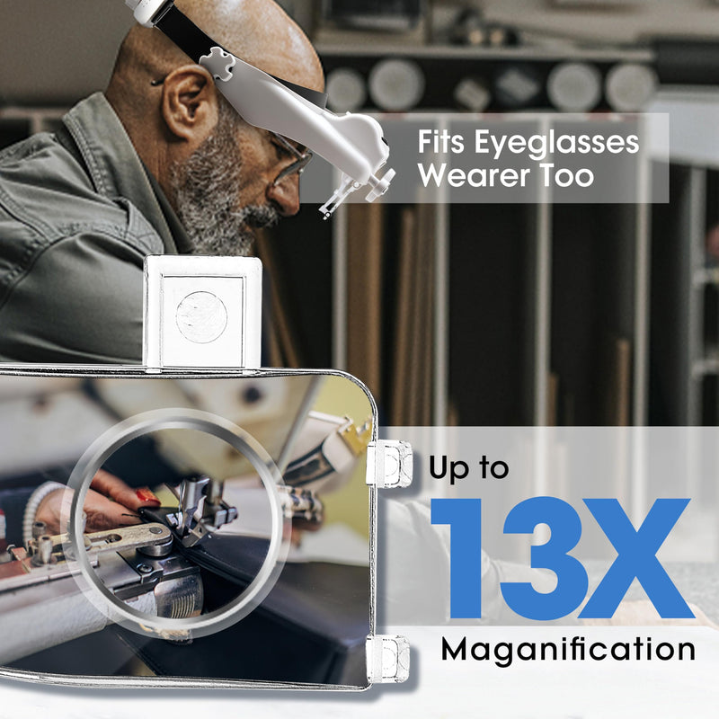 Headset Magnifying Glasses with LED Light, 15 Magnification Combinations - Hands-Free Headband Loupe with 6 Lenses (1.5X to 13X) for Jewelry, Watch Repair, Eyelash, Crafts & Reading 1.5X-13X