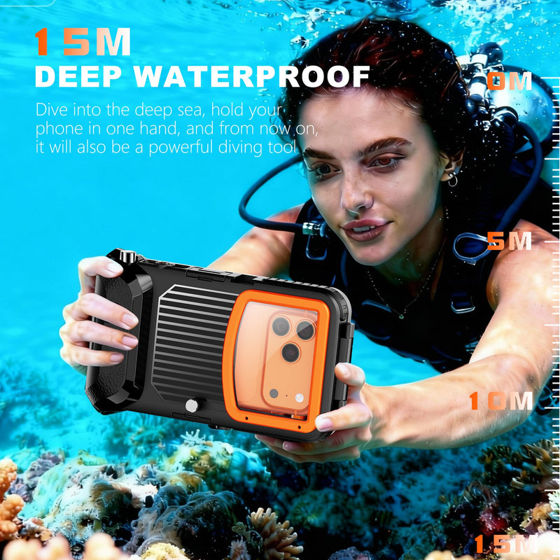 iPhone Underwater Housing, 50ft/15m, Gen 2s, Black Orange | A vacuum valve and physical shutter support secure diving; the 1/4in tripod mount expands filming options. Gen 2S -for iPhone