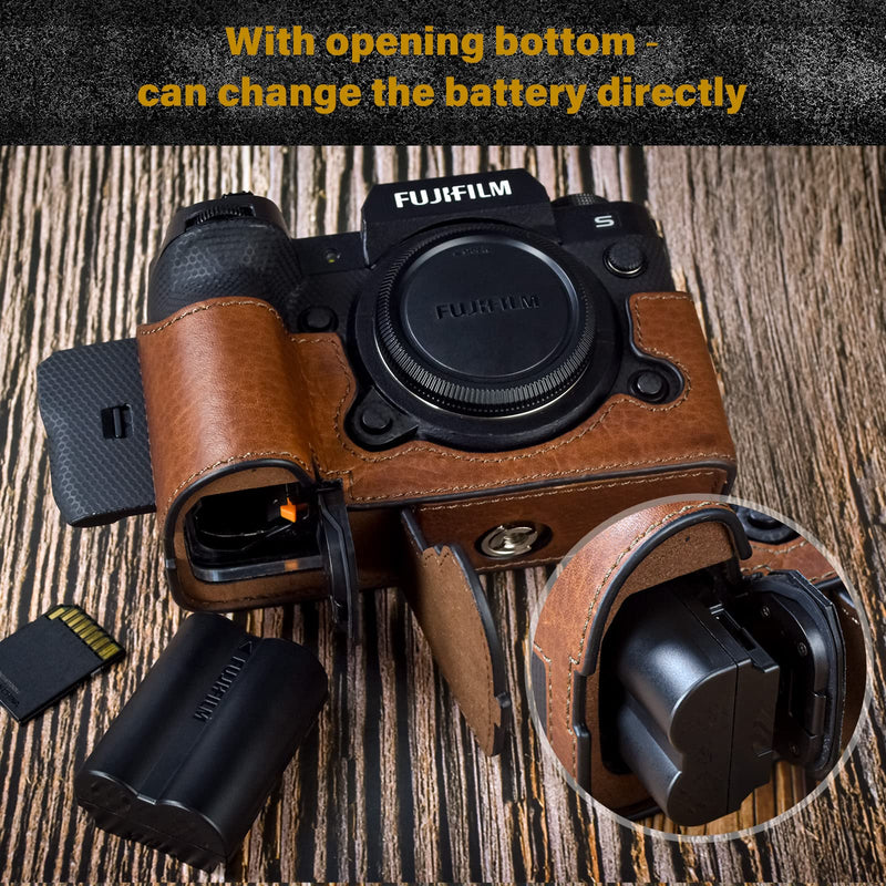 MUZIRI KINOKOO Case for Fuji XH2S/X-H2S/XH2 Digital Camera, Genuine Leather X-H2S Half Case with Opening Bottom and Enhanced Grip Design - Brown