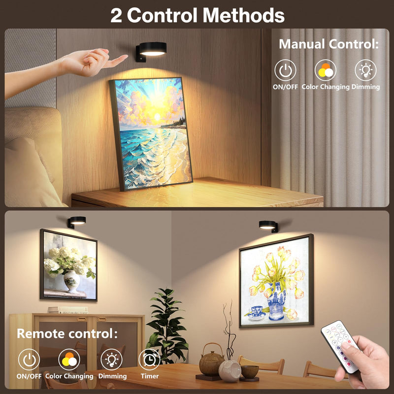 Cadrim Picture Light Wall Light 3 Pack Rechargeable with Remote 12 RGB Colors Dimmable Timer Magnetic Wireless Art Display Lighting for Painting Photo Frame Poster (Black, Renter Friendly) Black