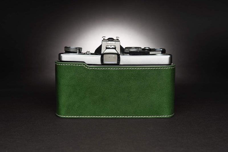 OM-4 Case, BolinUS Handmade Genuine Real Leather Half Camera Case Bag Cover for Olympus OM-1 /1N OM-2/2N OM-3/3Ti OM-4/4Ti (No Handle) Camera with Hand Strap (Green) Green