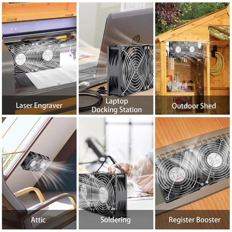 Wathai 2 x 120mm 240mm Computer Fan with AC Plug Cabinet Fan 110V 240V | Dual Ball Big Airflow 12V Cooling Fan with Variable Speed Control for External PC Case Cooling computer cabinet vent 2x120mm fan