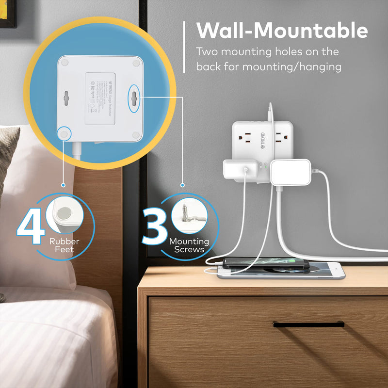  [AUSTRALIA] - TROND Power Strip Surge Protector - Ultra Thin Flat Plug 5ft Extension Cord with 4 USB Ports(1 USB C Charger), 4 Widely-Spaced Outlets, Compact & Small, 1440J, Wall Mount for Home Office Dorm, White 5 FT