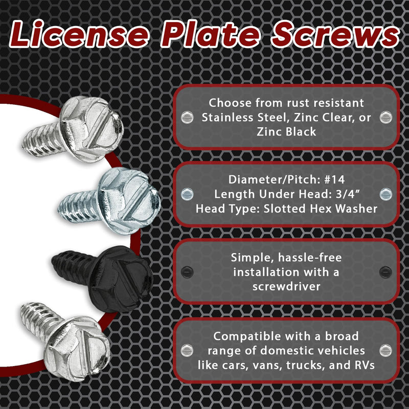 100 Pack License Plate Screws for Front and Back License Plates and License Plate Frames and Covers on Cars, Trucks, SUVs-Rust Resistant #14x3/4 Slotted Hex Washer Self Tapping Screws Stainless Steel 100 Pack
