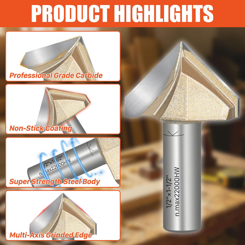 EASEWORK TOOL 90° V-Groove Router Bit, Professional-Grade Carbide Tipped, Woodworking Grooving – 1/2" Shank × 2" Diameter × 1-11/64" Cutting Depth 2"(Dia.) X 1-11/64"(Depth)