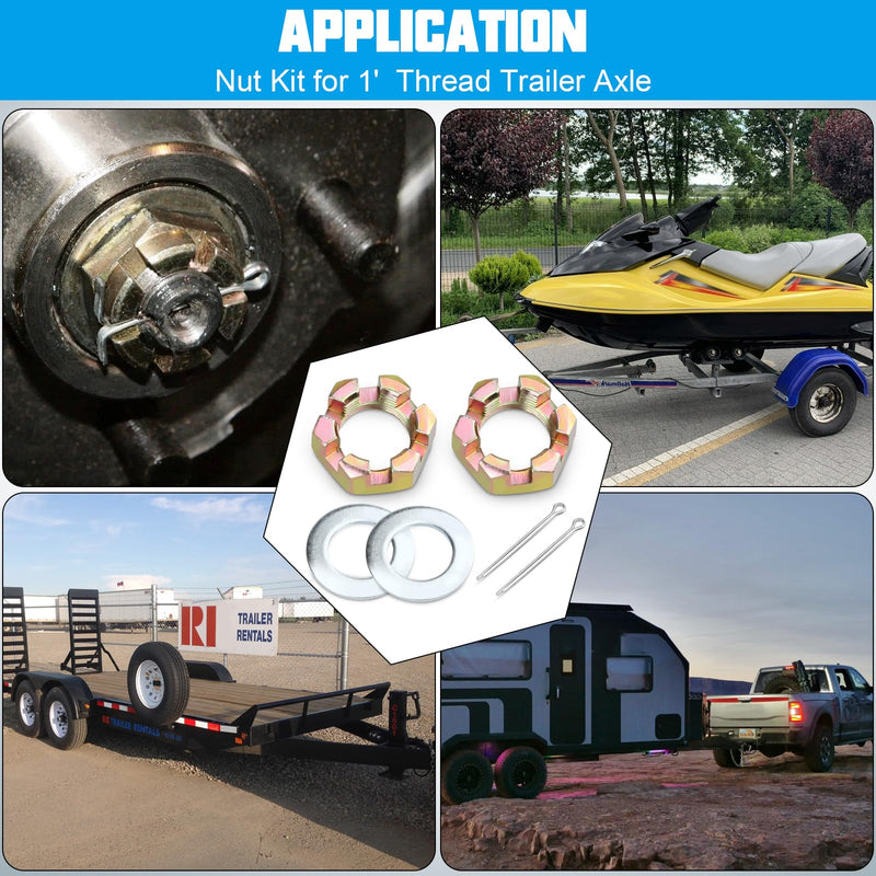 2 Sets of Thread Spindle Galvanized Nut Kits for 1" Spindle Trailer Axle,1inch Trailer Spindle Castle Nuts Kit with 1" Washers and 2.3" Long Cotter Pins. 2 Sets 1'' Trailer Axle Nut Kit