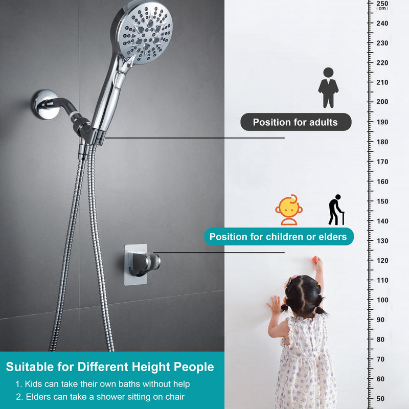GwernKB Handheld Shower Head with on off Switch&Built-in Power Spray,7-Setting High Pressure Spray Shower Wand with 79in Long Hose&Bracket and Extra Adhesive Shower Holder for Lower Mount,Chrome Silver