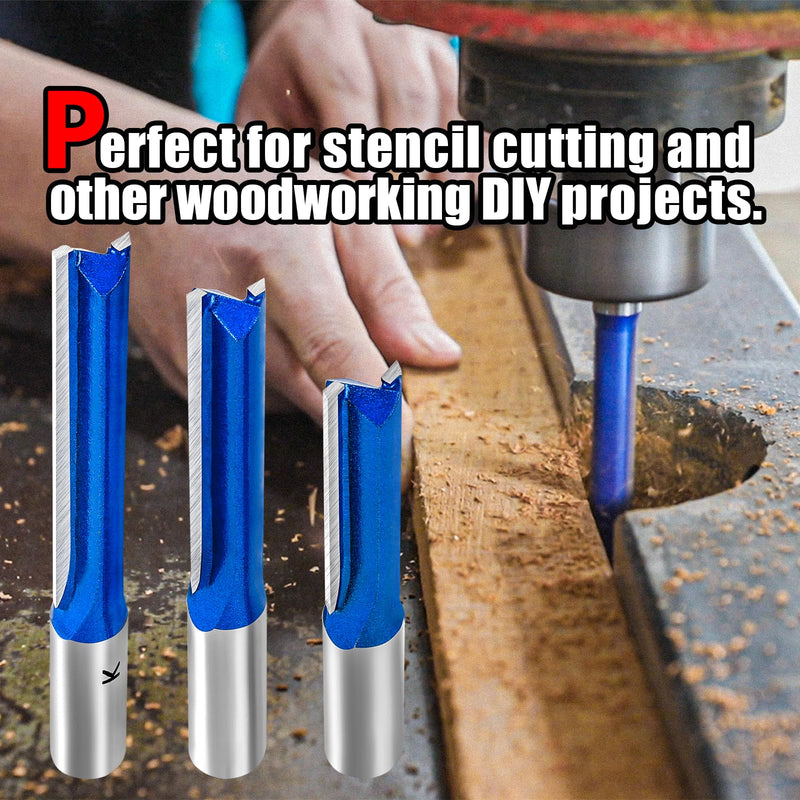 3Pcs Extra Long Straight Router Bit Set 1/2 Shank, Carbide Tipped Double Flute Straight Bit Dado Straight Cut Router Bit for Woodworking, 2",2-1/2",3" Cutting Length,1/2" Cutting Dia. 1/2" Dia. - 2", 2-1/2", 3" Lengths - 1/2" Shank 3 Piece Set
