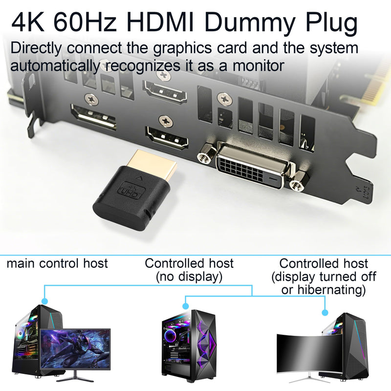 4K 60Hz HDMI Dummy Plug, GPU Sleep Preventer EDID Fake Load, Virtual Display Emulator for Remote Desktop Server Mining, Black(2 Pack)