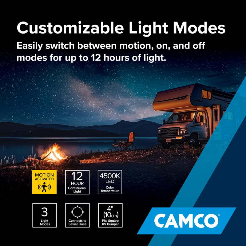 Camco RV Bumper Cap Solar Light — Motion-Activated Lighting – Fits 4" Square RV Bumpers – Helps Keep Bugs Out & Allows for RV Sewer Hose Storage Inside Bumper (40332)