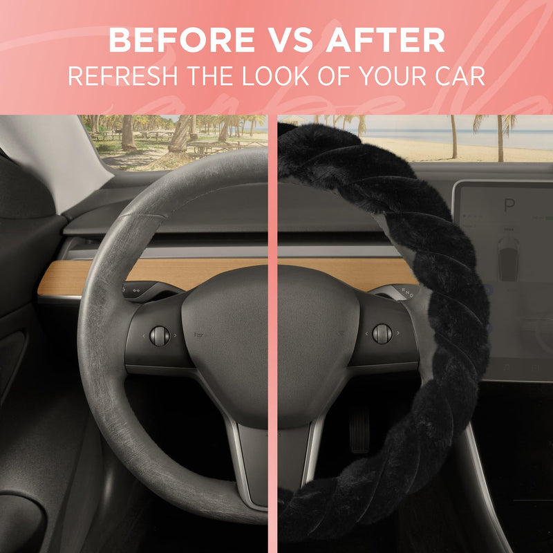 Carbella Twisted Fur Black Soft Steering Wheel Cover, Standard 15 Inch Size Fits Most Vehicles, Fuzzy Fluffy Car Steering Cover with Soft Faux Fur Touch, Car Accessories for Women 1-Twisted Fur Black