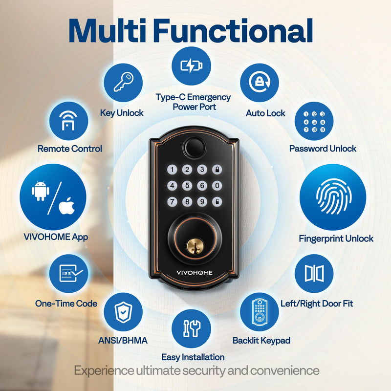 VIVOHOME Smart Lock for Front Door with Gateway, Keyless Entry Door Lock with Fingerprint, WiFi App Remote Control, Electronic Keypad Deadbolt with User Management