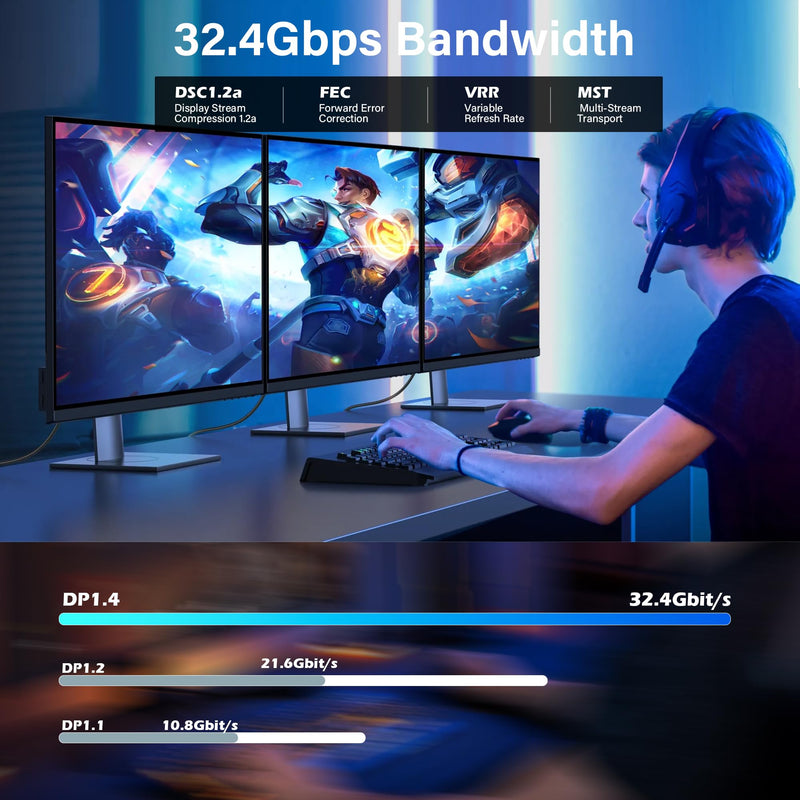 VESA Certified 8K DisplayPort 1.4 Cable 10 FT/5 Pack, 32.4Gbps High-Speed 8K@60Hz 4K@144Hz 2K@240Hz, HBR3 HDCP HDR, Braided Display Port DP Cord for Gaming Monitor PC TV Graphics+25 Ties+2 Adapters 10FT 5 Pack