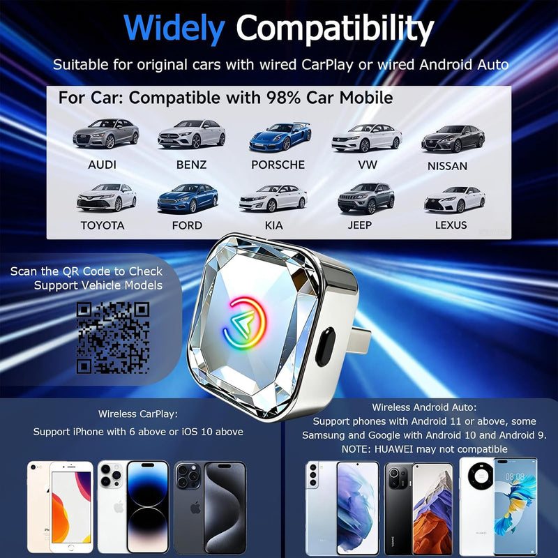 2026 Upgraded Wireless CarPlay Adapter for iPhone & Android Auto | One-Click Switch, Fast Auto-Connect, Alloy Apple Bluetooth CarPlay Adapter, Plug & Play for 1000+ Vehicles, USB-A/C Included