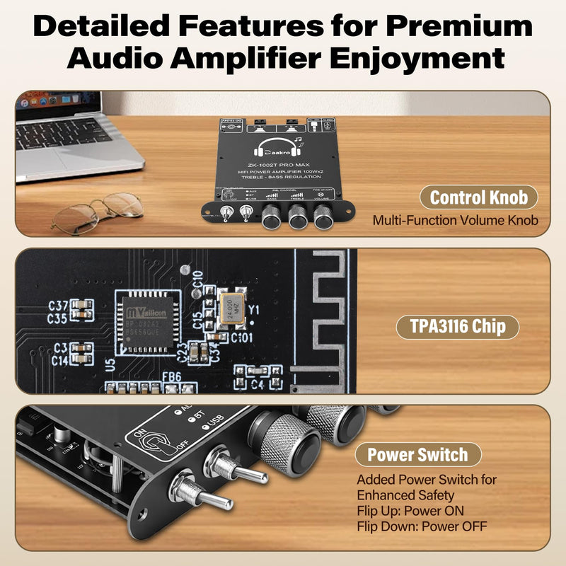 Daakro ZK-1002T Pro Max 2.0 Channel Bluetooth 5.3 Amplifier Board 100W+100W HiFi Audio AMP with Treble and Bass, TWS,BT USB and AUX Inputs, DC 12-24V 2.0 Channel Stereo AMP Module for DIY Speakers