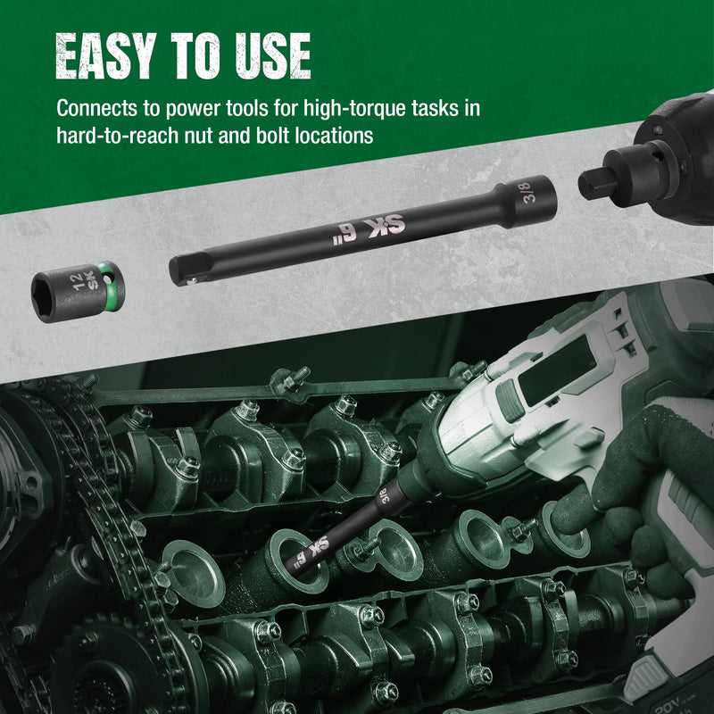 SK 4-Piece Impact Socket Extension Set, 3/8" Drive, 3", 6", 10", 15" Extension Set, Premium Cr-Mo Steel with Black Manganese Phosphate Coating 3/8-Inch Drive