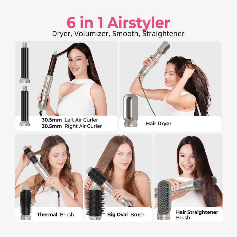 Airbrush Hair Styler 6 in 1 Magic Styler 1000W Airstyler Set 60000RPM Gift | Airstyler Set Upgrade Hair Dryer Brush, L&R Airflow Hair Curler,Curl, Straighten, Wavy, Smooth, Multistyler Gifts Set 3 Temps Creamgold